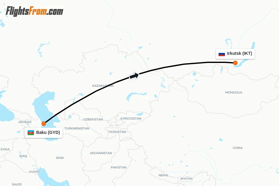 Flights from Baku to Irkutsk route map