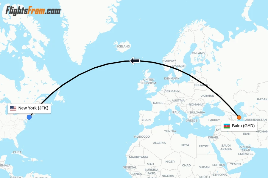 Flights from Baku to New York route map