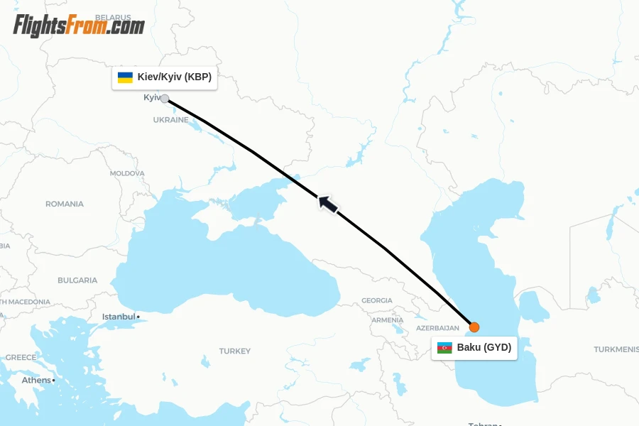 Flights from Baku to Kiev/Kyiv route map