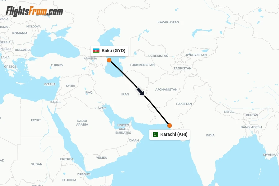 Flights from Baku to Karachi route map