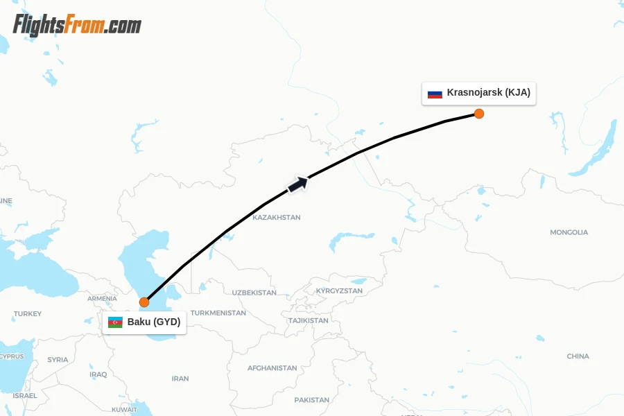 Flights from Baku to Krasnojarsk route map