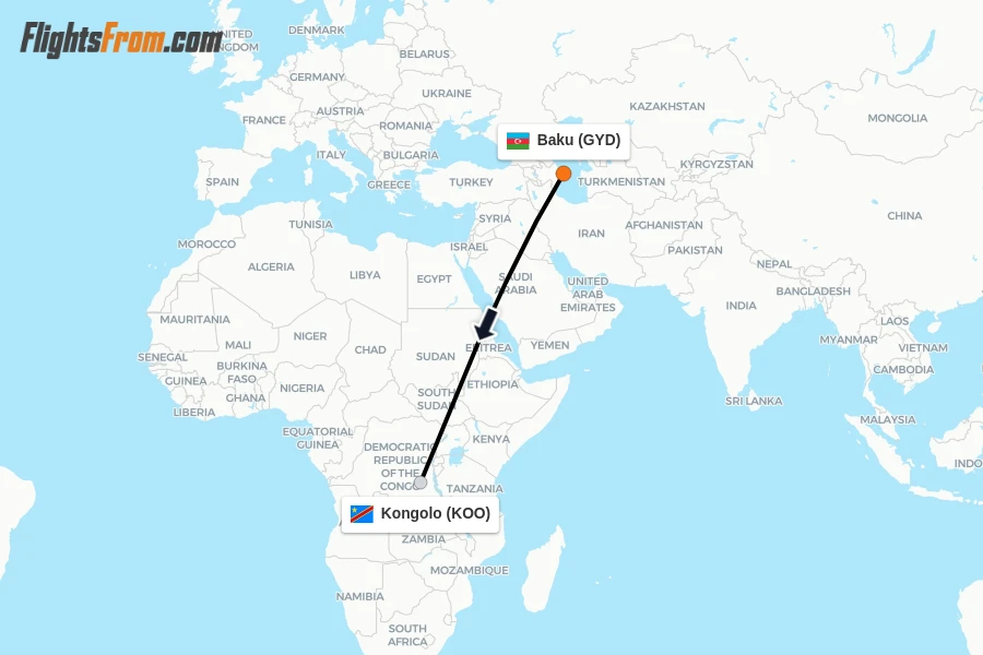 Flights from Baku to Kongolo route map