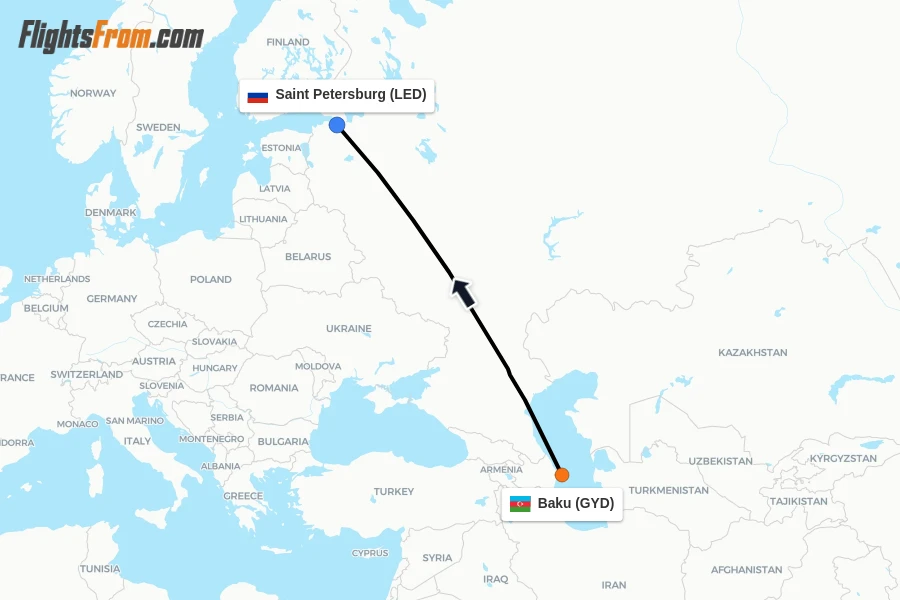 Flights from Baku to Saint Petersburg route map