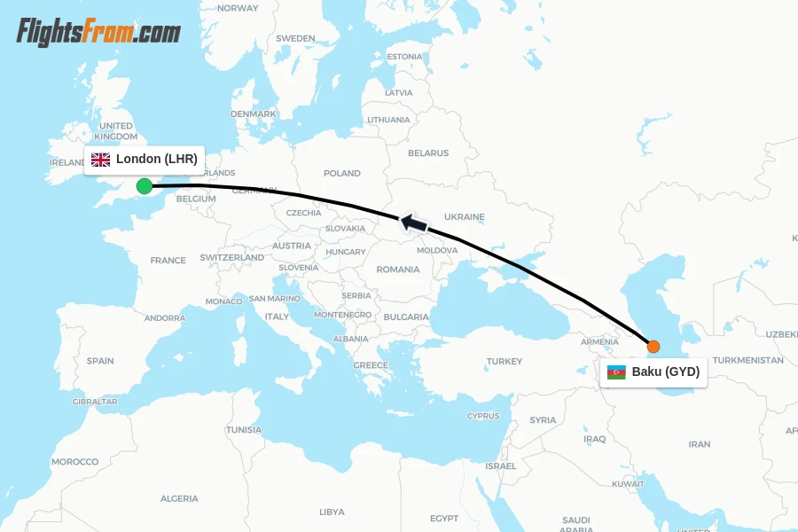 Flights from Baku to London route map