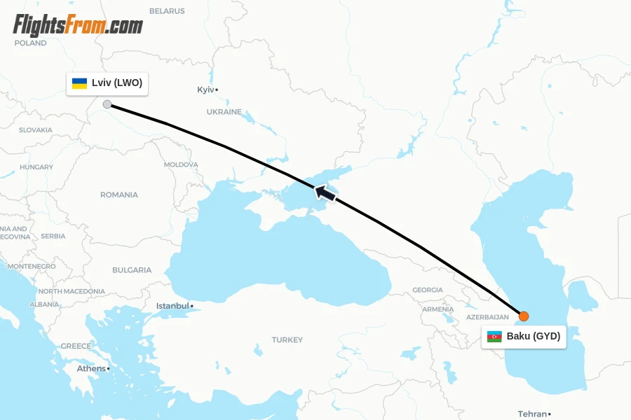 Flights from Baku to Lviv route map