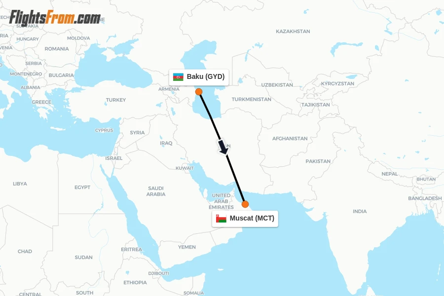 Flights from Baku to Muscat route map