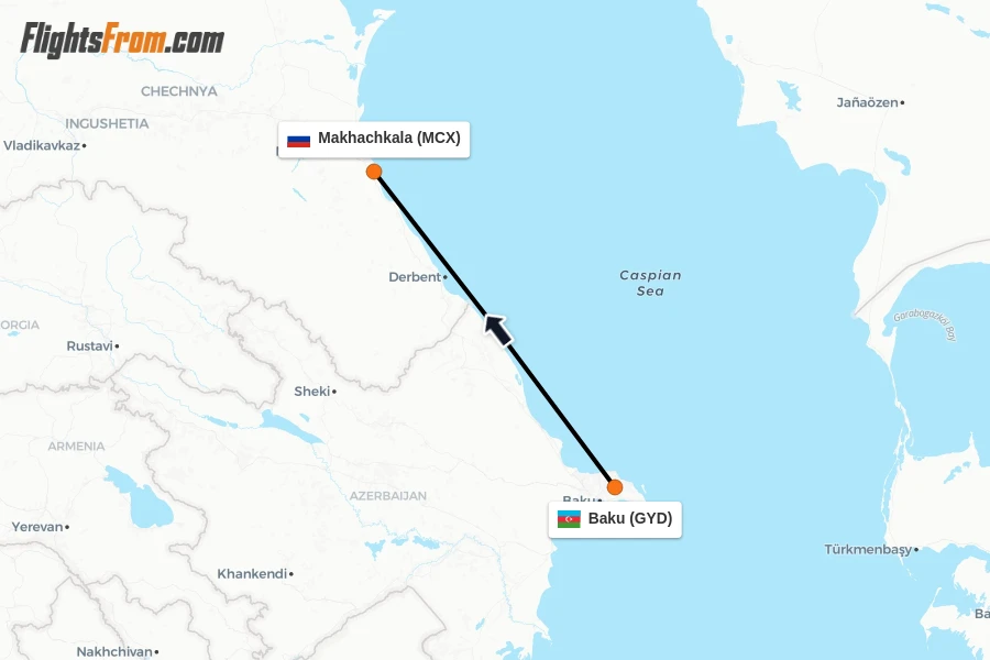 Flights from Baku to Makhachkala route map