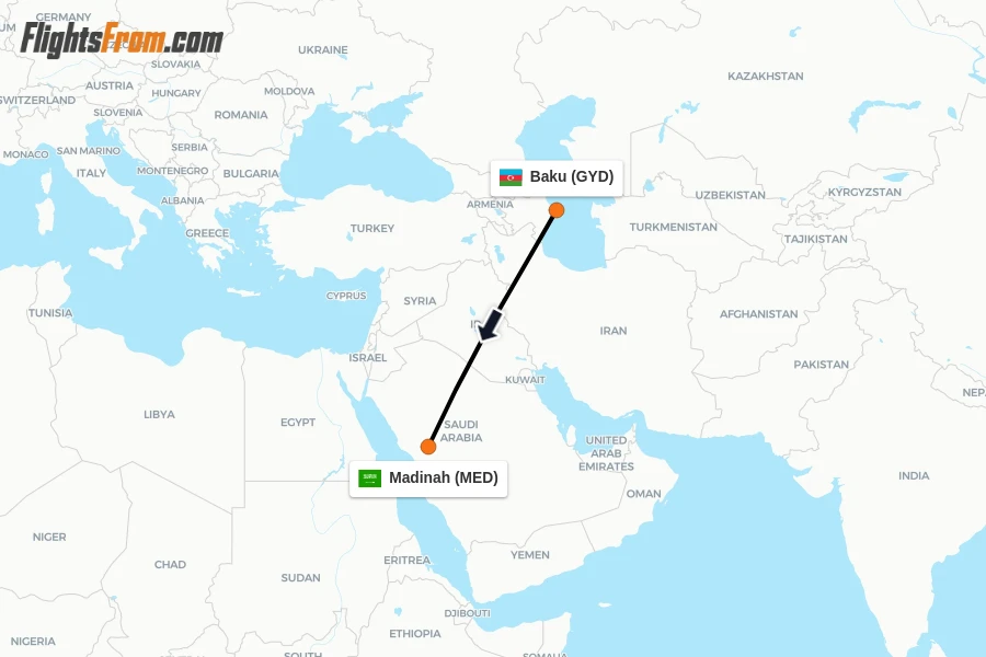 Flights from Baku to Madinah route map