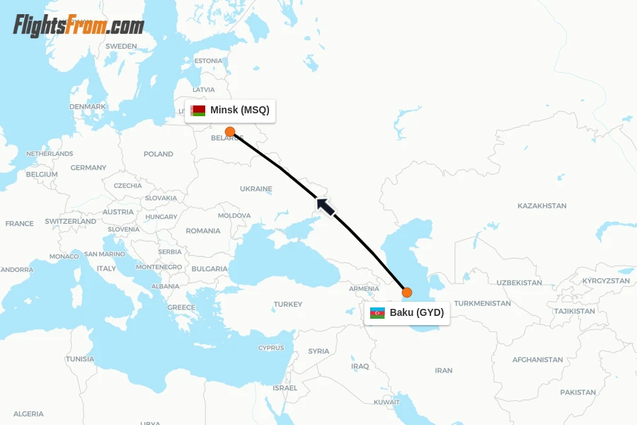 Flights from Baku to Minsk route map