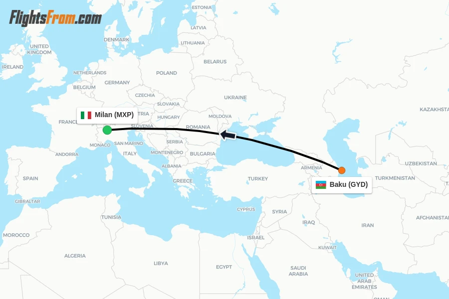 Flights from Baku to Milan route map