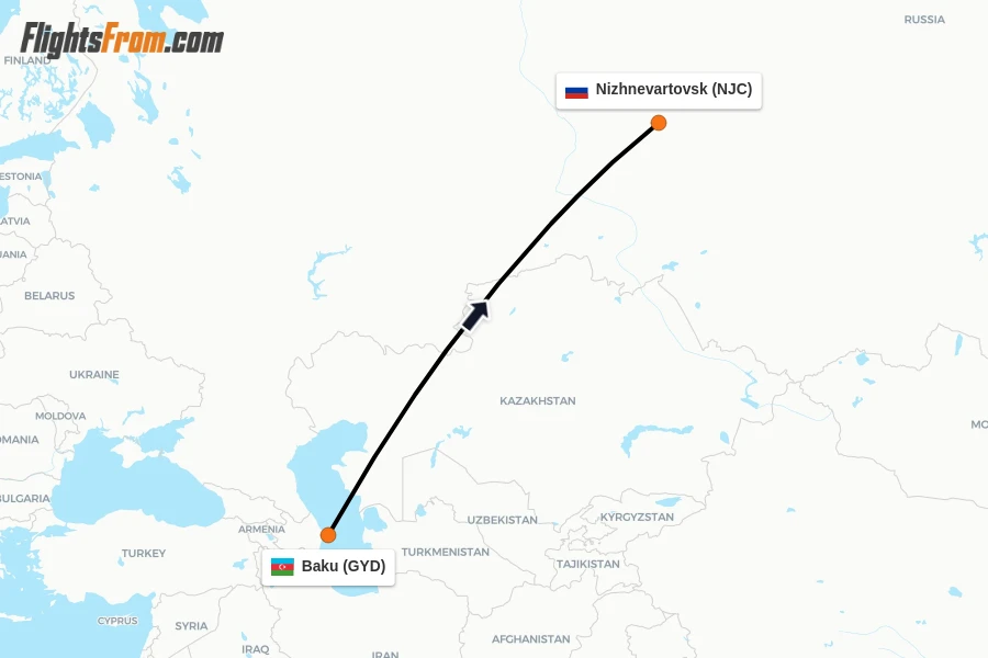Flights from Baku to Nizhnevartovsk route map
