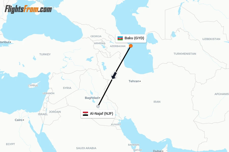 Flights from Baku to Al-Najaf route map