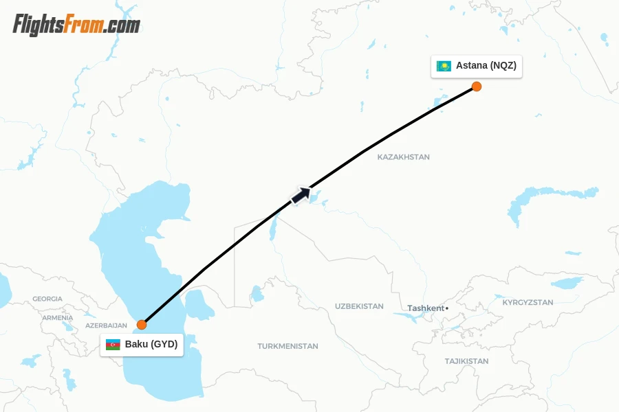 Flights from Baku to Astana route map