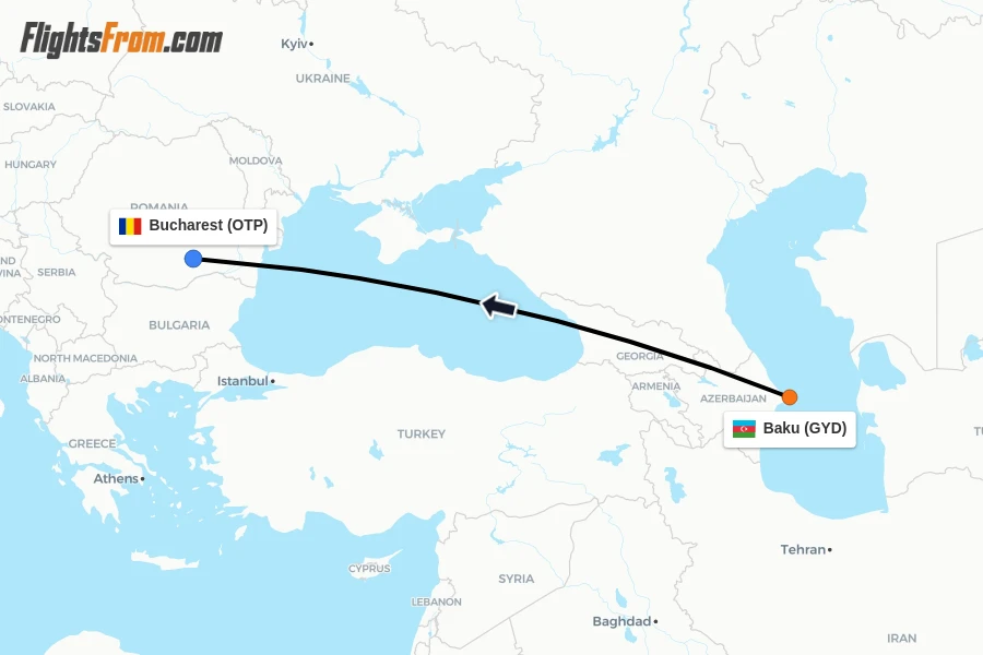 Flights from Baku to Bucharest route map