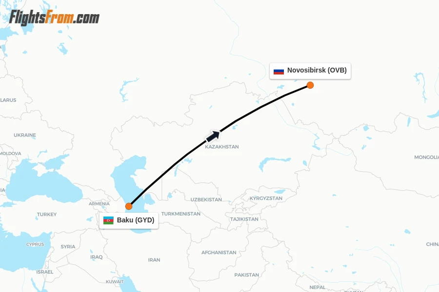 Flights from Baku to Novosibirsk route map