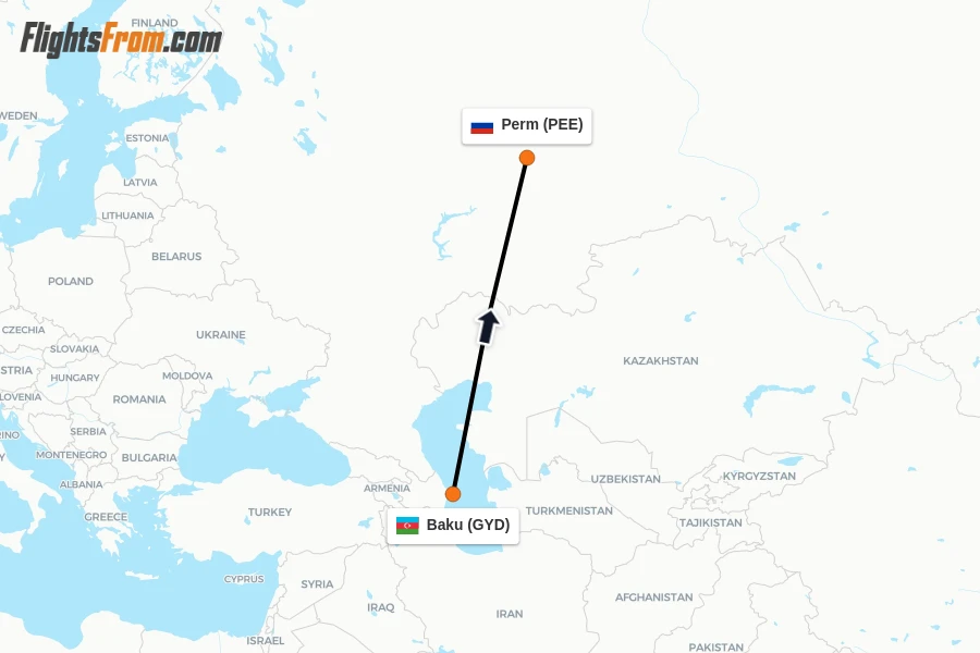 Flights from Baku to Perm route map