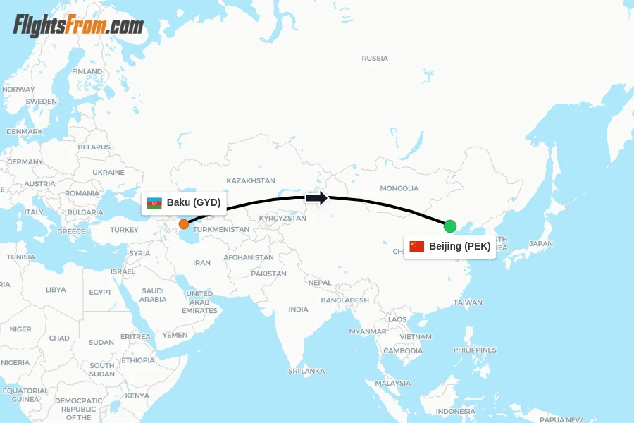 Flights from Baku to Beijing route map