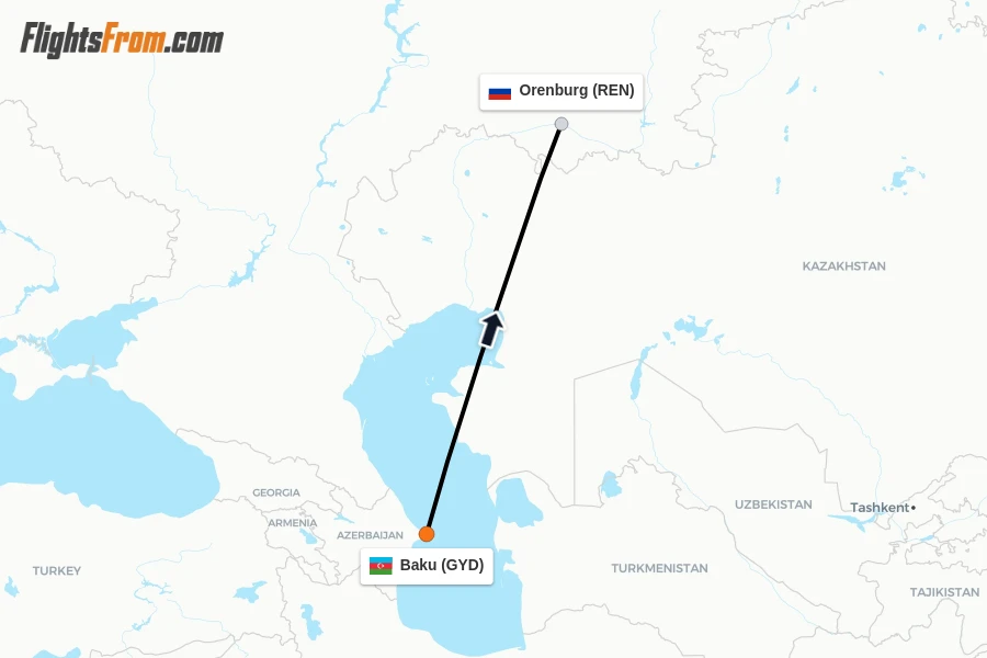 Flights from Baku to Orenburg route map