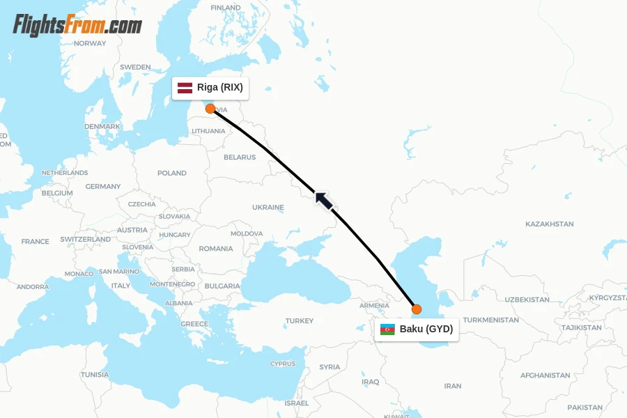 Flights from Baku to Riga route map