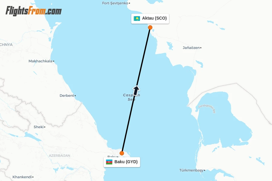 Flights from Baku to Aktau route map