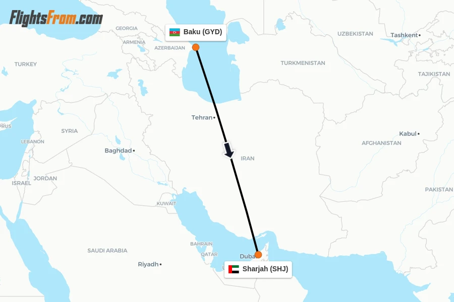 Flights from Baku to Sharjah route map