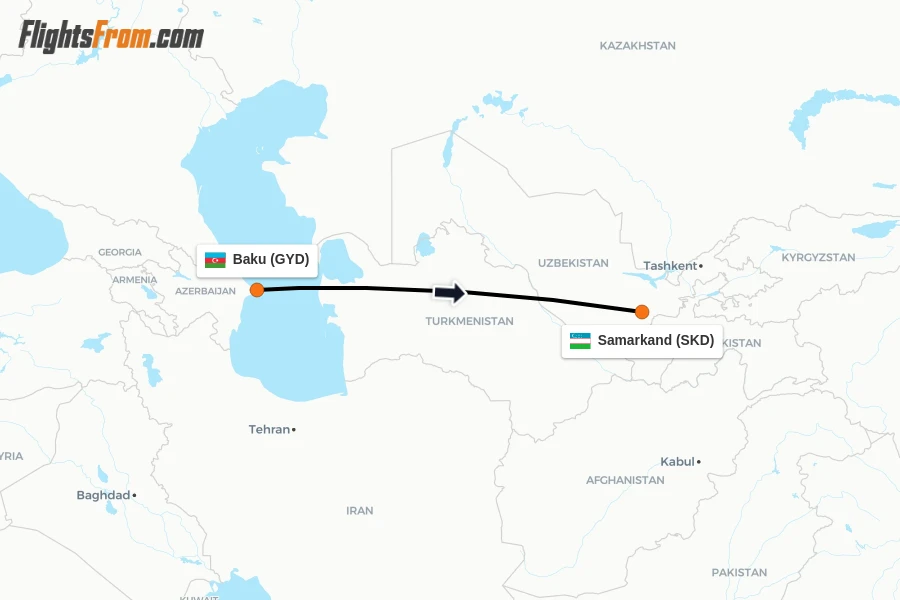 Flights from Baku to Samarkand route map