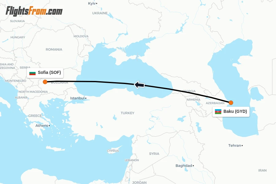 Flights from Baku to Sofia route map