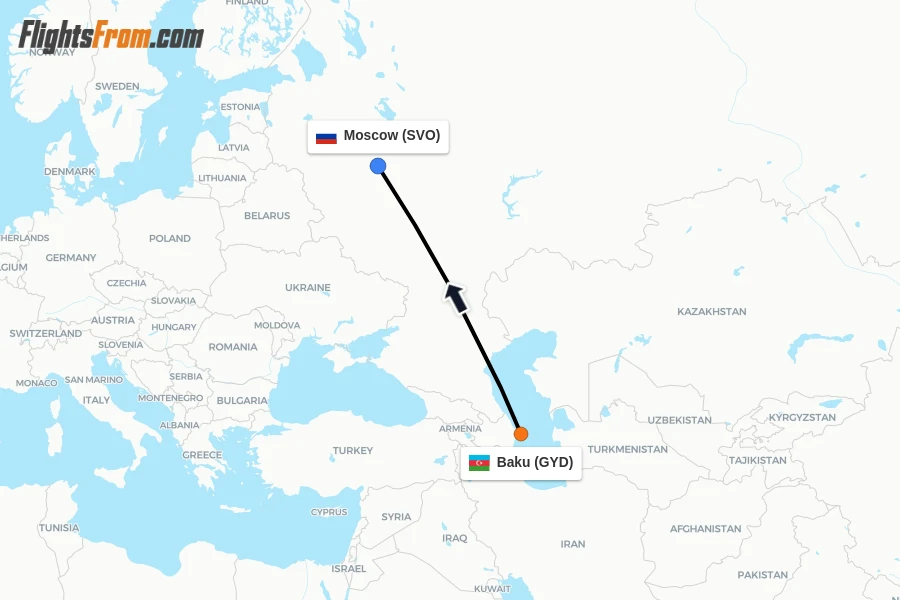 Flights from Baku to Moscow route map