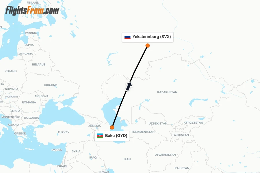 Flights from Baku to Yekaterinburg route map