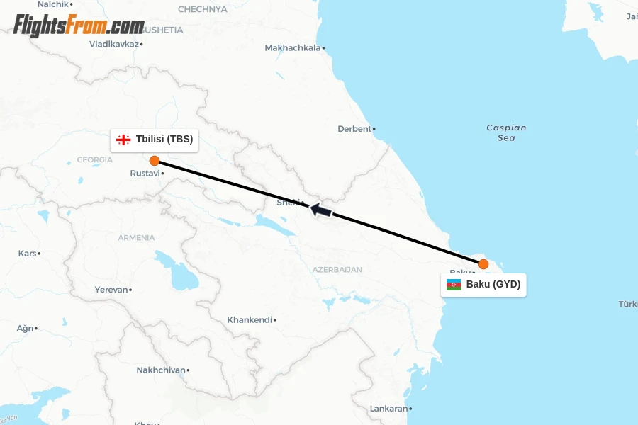 Flights from Baku to Tbilisi route map