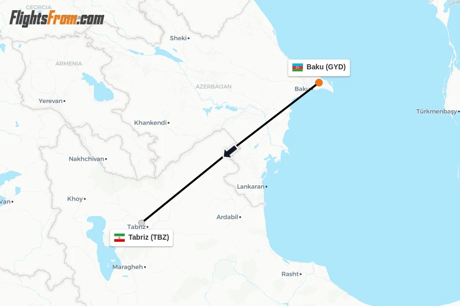 Flights from Baku to Tabriz route map
