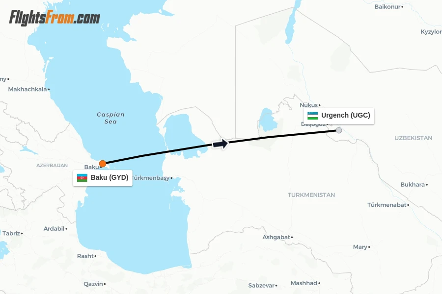 Flights from Baku to Urgench route map