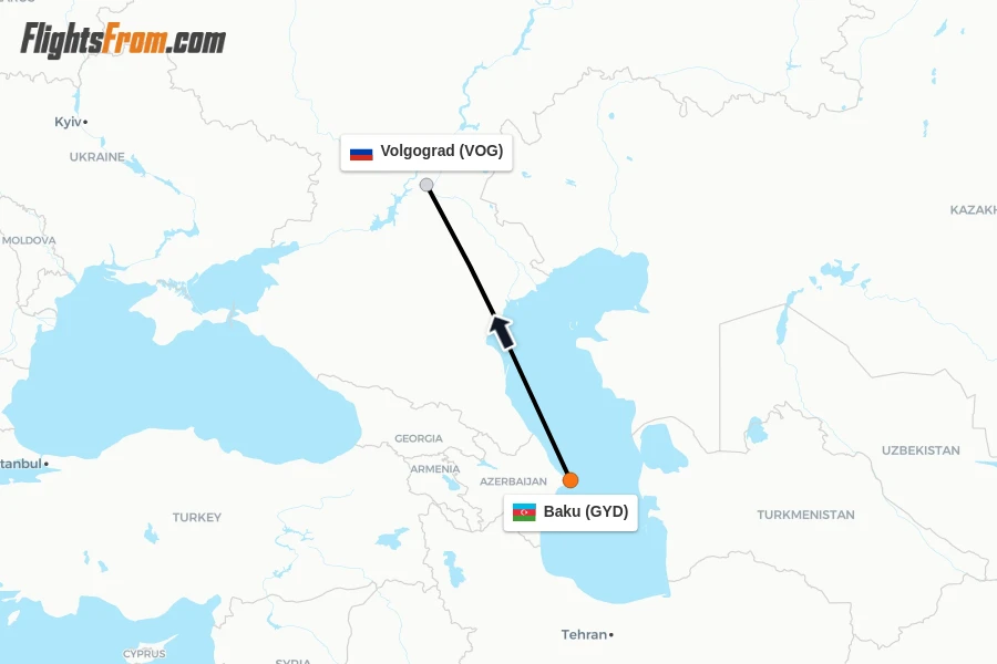 Flights from Baku to Volgograd route map