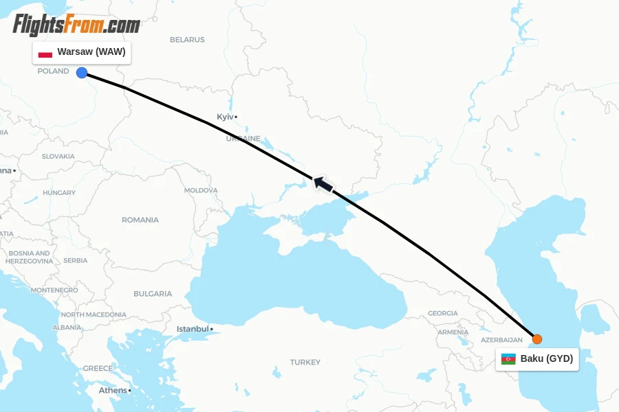 Flights from Baku to Warsaw route map