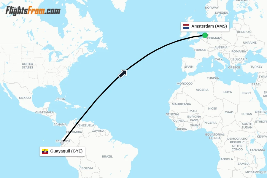 Flights from Guayaquil to Amsterdam route map