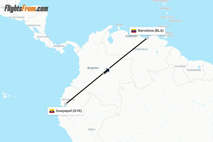 Flights from Guayaquil to Barcelona route map