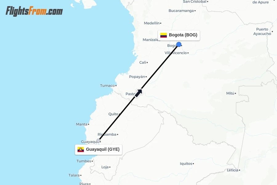 Flights from Guayaquil to Bogota route map