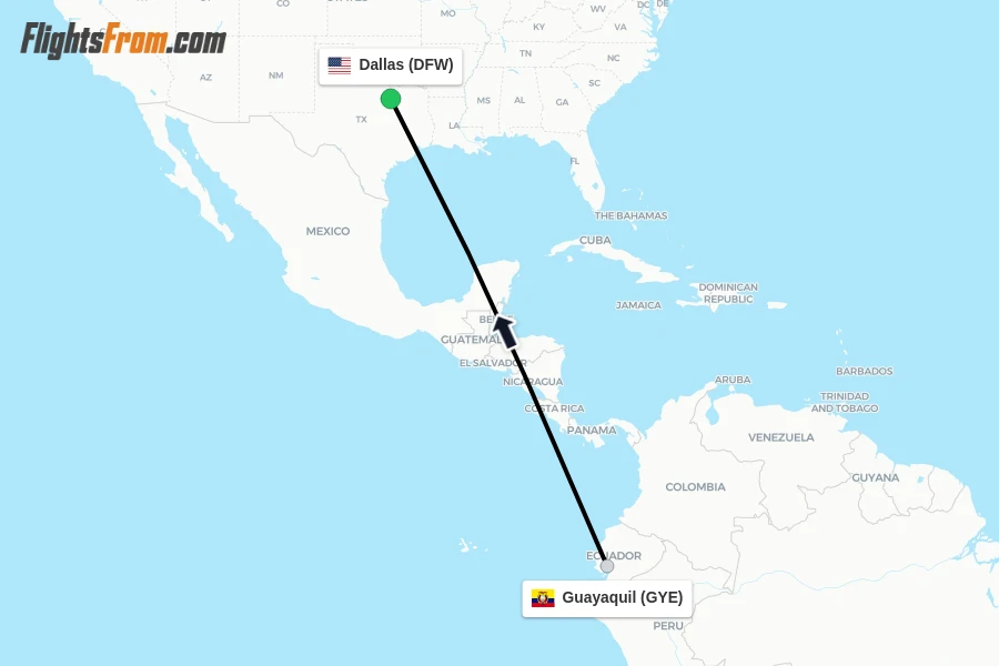 Flights from Guayaquil to Dallas route map