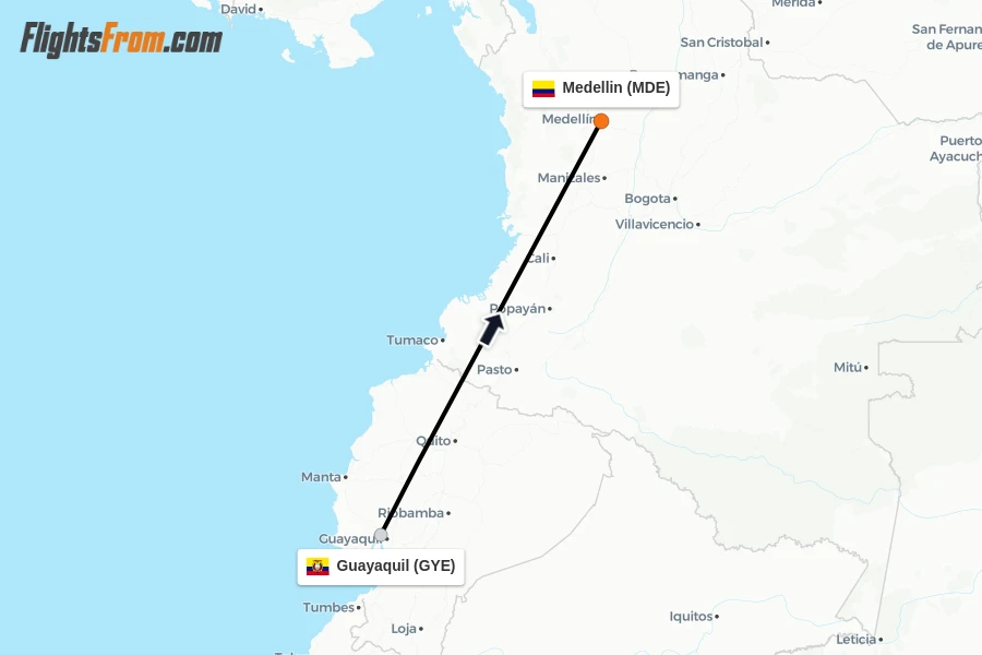 Flights from Guayaquil to Medellin route map