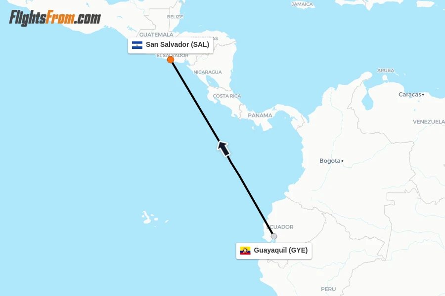 Flights from Guayaquil to San Salvador route map