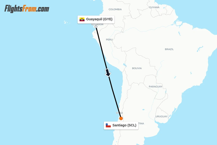 Flights from Guayaquil to Santiago route map