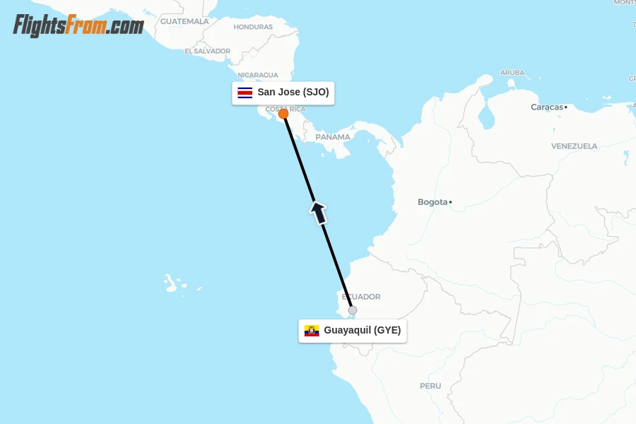 Flights from Guayaquil to San Jose route map