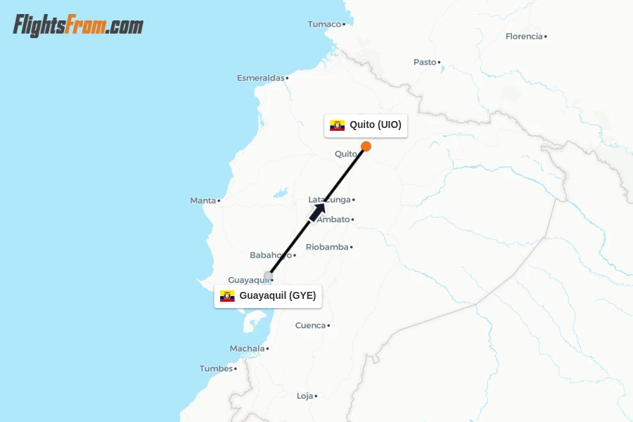 Flights from Guayaquil to Quito route map