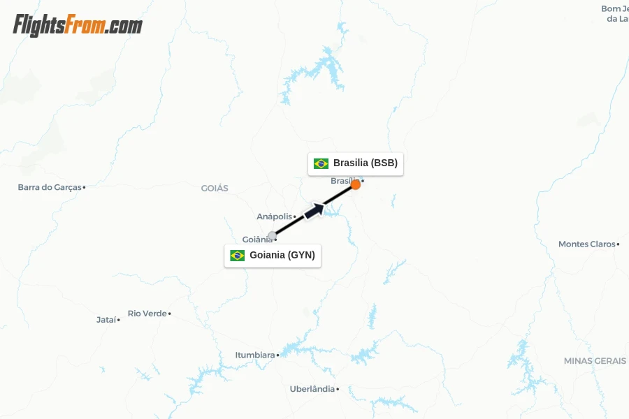 Flights from Goiania to Brasilia route map