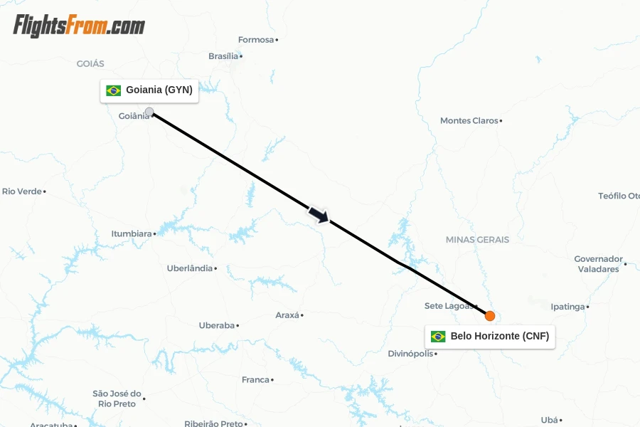 Flights from Goiania to Belo Horizonte route map