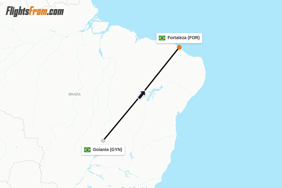 Flights from Goiania to Fortaleza route map