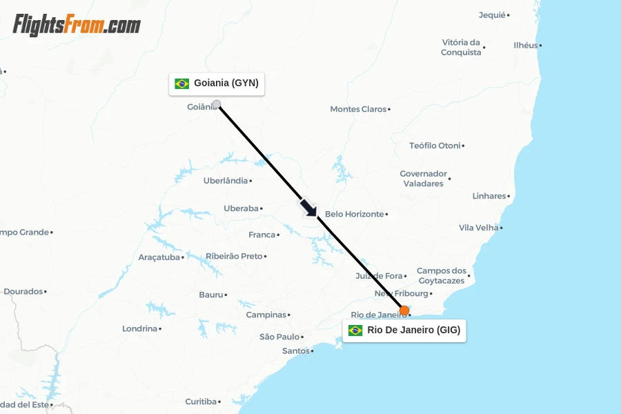Flights from Goiania to Rio De Janeiro route map