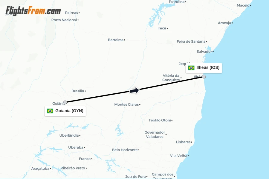 Flights from Goiania to Ilheus route map