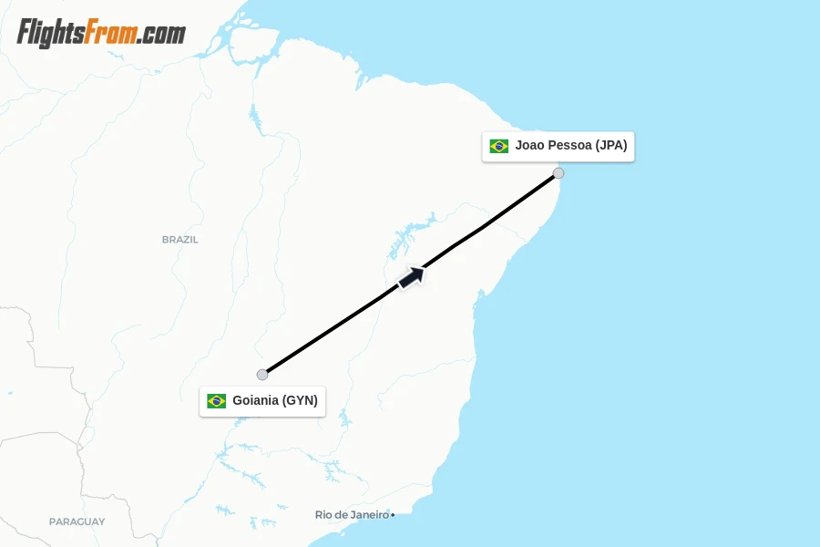 Flights from Goiania to Joao Pessoa route map