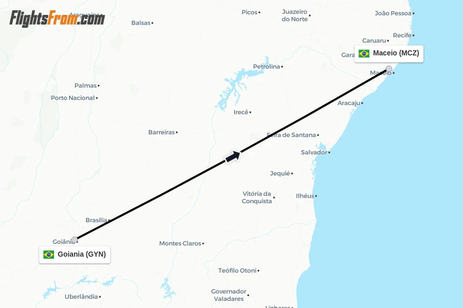 Flights from Goiania to Maceio route map